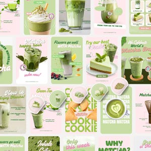 May include: A collage of promotional graphics featuring various matcha green tea beverages, including iced lattes, cakes, and cookies. The images display text such as Matcha Happy Hour, Flavors go well WITH Matcha, and World's Matcha Day in green and pink.
