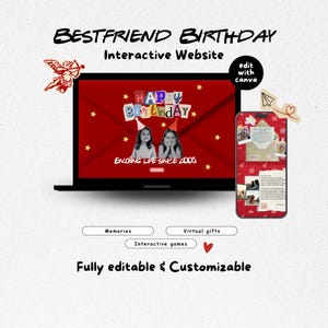 May include: A digital interactive birthday website template displayed on a laptop and smartphone screen. The design features a red envelope background, "HAPPY BIRTHDAY" text, photos of two people, and the phrase "ENJOYING LIFE SINCE 2005". Includes buttons for Memories, Virtual gifts, and Interactive games.