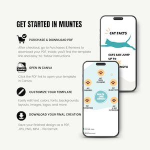 May include: Two smartphones displaying digital templates with text and graphics. The left side features instructions: GET STARTED IN MIUNTES, PURCHASE & DOWNLOAD PDF, OPEN IN CANVA, CUSTOMIZE YOUR TEMPLATE, and DOWNLOAD YOUR FINAL CREATION with icons.