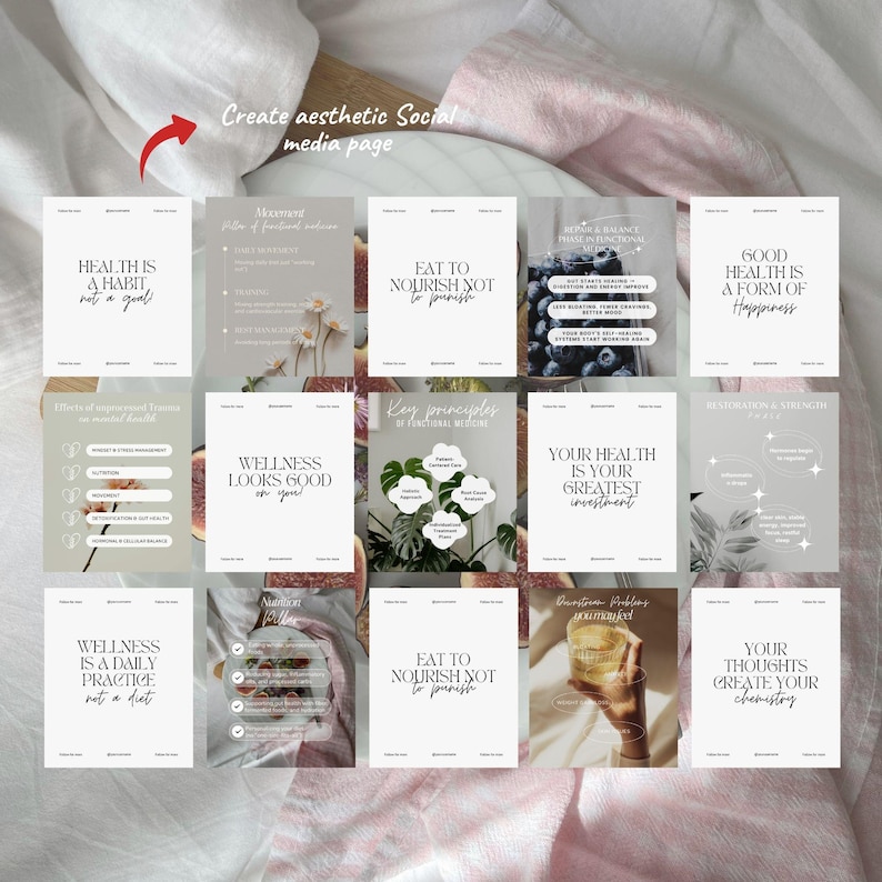 May include: A set of minimalist social media graphics with inspirational quotes about health and wellness. The designs use a neutral colour scheme and include phrases such as "Health is a habit, not a goal!" and "Wellness looks good on you!" with the text "Create aesthetic Social media page".