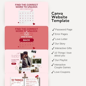 May include: A Canva website template design with a pink and white color scheme. The design includes interactive elements such as password pages, error pages, love letters, and interactive couple games. The text includes "Find the correct word to unlock" and "10 things I love about you."