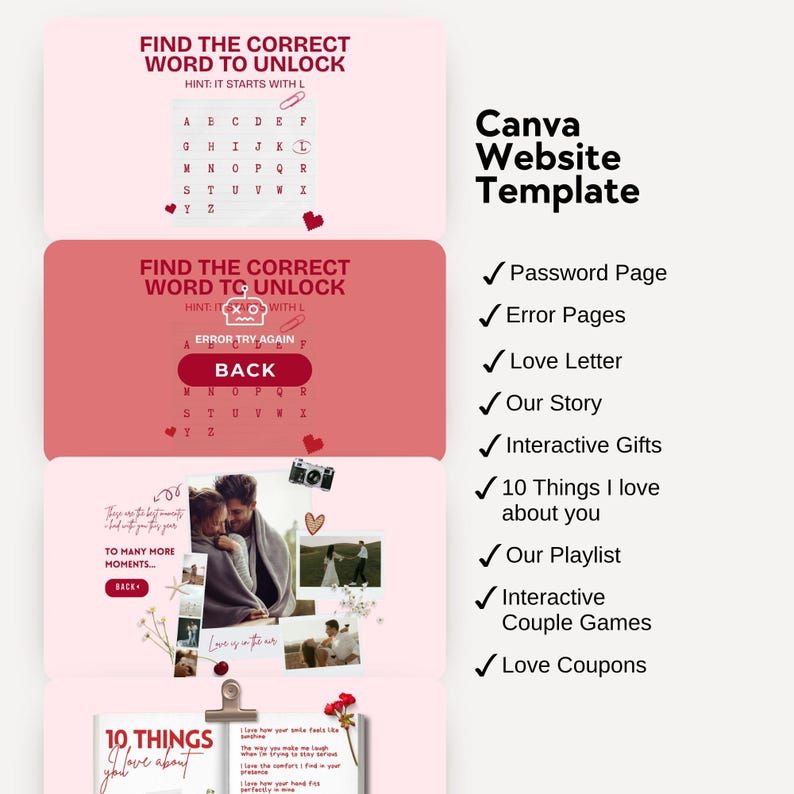May include: A Canva website template design with a pink and white color scheme. The design includes interactive elements such as password pages, error pages, love letters, and interactive couple games. The text includes "Find the correct word to unlock" and "10 things I love about you."