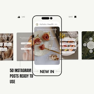 May include: A smartphone screen shows a presentation on "Holistic Health" with text and graphics. The presentation covers topics such as energy, digestion, and immunity. The image also includes the text "50 Instagram Posts Ready to Use" and "New In."