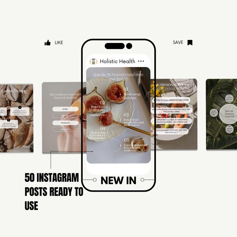 May include: A smartphone screen shows a presentation on "Holistic Health" with text and graphics. The presentation covers topics such as energy, digestion, and immunity. The image also includes the text "50 Instagram Posts Ready to Use" and "New In."