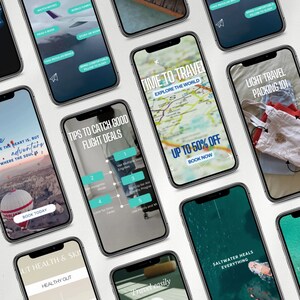 May include: A collage of nine smartphone screens with travel-themed images and text. The screens feature tips for catching good flight deals, light travel packing, time to travel, explore the world, up to 50% off, book now, saltwater heals everything, travel easily, and gut health and ski.