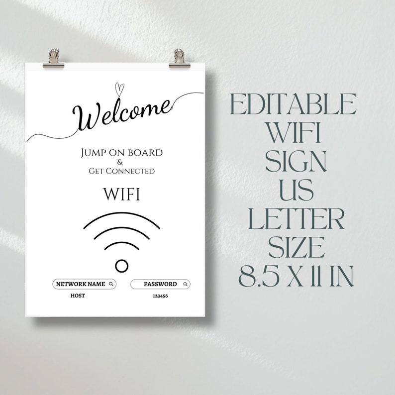 Op de afbeelding: Bewerkbare, afdrukbare wifi-bord sjabloon in zwart-wit met een wifi-symbool, de woorden "Welkom", "Spring aan boord & maak verbinding", "WIFI", "Netwerknaam", "Wachtwoord", "Host" en "123456". Het bord is 8,5 x 11 inch.