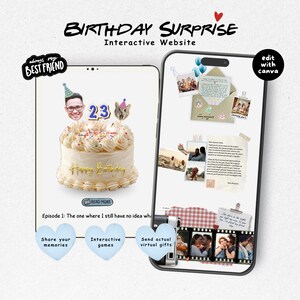 Puede incluir: Una plantilla de sitio web interactivo para una sorpresa de cumpleaños mostrada en una tableta y un teléfono inteligente. La pantalla muestra un pastel con glaseado blanco, un adorno del número 23, fotos, texto y elementos interactivos.