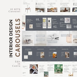 Könnte beinhalten: Ein Karussell-Design mit dem Text "Interior Design Carousels" und "Edit in Canva". Das Karussell zeigt verschiedene Tipps für die Innenarchitektur, darunter Kaffeetisch-Styling, Galeriewand-Layouts und Farbpaletten.
