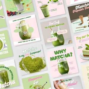 May include: A collection of social media graphics featuring matcha green tea drinks, desserts, and tools. The images include text such as Matcha Is my Love Language, Why Matcha, and Best Times to Drink Matcha, alongside illustrations of bamboo whisks.