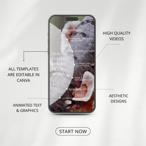 May include: A smartphone mockup with a white background and a green and brown nature scene on the screen. The text on the screen reads "Health Problems Treated With Herbs" and lists various health issues. The text "All Templates Are Editable In Canva" is on the left side of the image. The text "High Quality Videos" is on the right side of the image. The text "Aesthetic Designs" is below the phone. The text "Start Now" is at the bottom of the image.