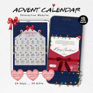 May include: An interactive digital advent calendar displayed on a tablet and smartphone. The calendar features a house-shaped design with numbers 1 through 24, red bows, and candy canes. The mobile screen shows a holiday message and a red envelope.