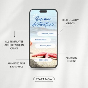 May include: A mobile phone screen mockup showing a summer travel app with the text "Summer destinations" and a list of destinations: Dubrovnik, Croatia, Santorini, Greece, and Barcelona, Spain. The app has a "Book Now" button and a beach background with a starfish.