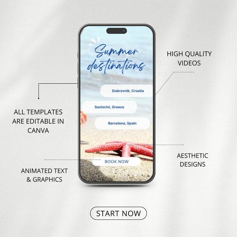 May include: A mobile phone screen mockup showing a summer travel app with the text "Summer destinations" and a list of destinations: Dubrovnik, Croatia, Santorini, Greece, and Barcelona, Spain. The app has a "Book Now" button and a beach background with a starfish.