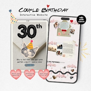 May include: A tablet and smartphone displaying a couple birthday interactive website template. The tablet shows a 30th birthday theme with a cat graphic and text. The smartphone displays a digital scrapbook layout with photos, text, and pink car icons.