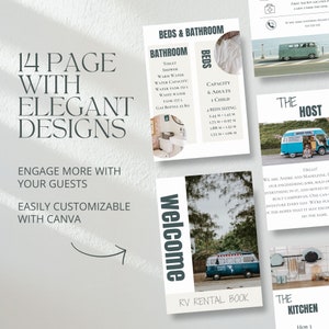 Op de afbeelding: Een welkomstpagina voor een camperverhuurboek met een blauwe en witte camper op de omslag. De pagina bevat ook informatie over de bedden en de badkamer, inclusief de capaciteit en de afmetingen van de bedden. De tekst "14 pagina's met elegante ontwerpen" staat bovenaan de pagina.