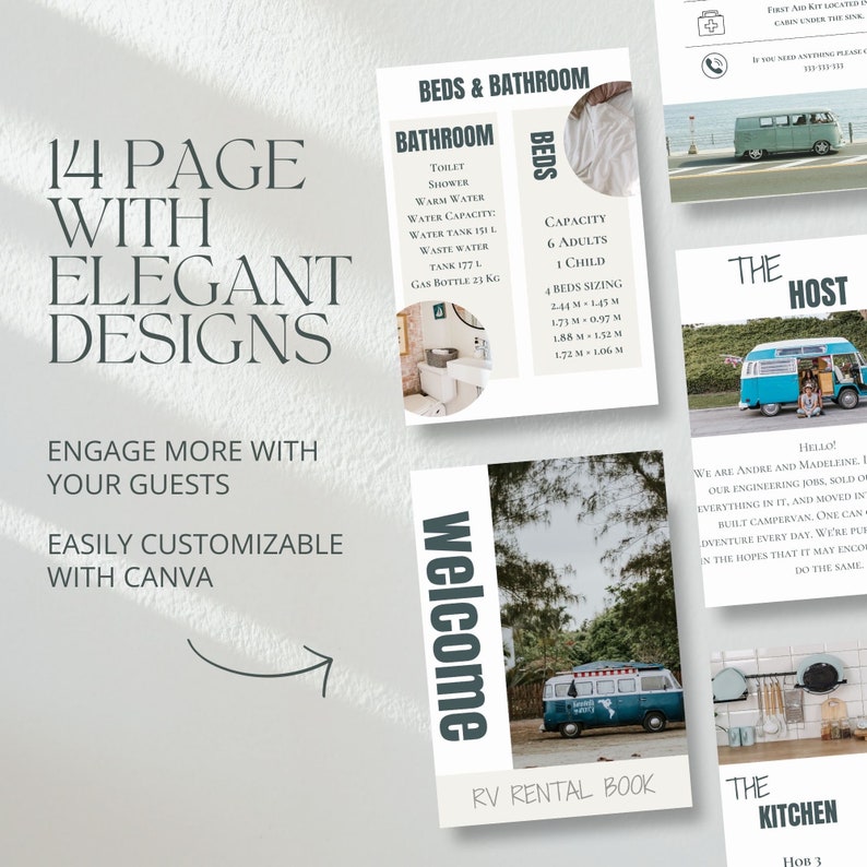 Op de afbeelding: Een welkomstpagina voor een camperverhuurboek met een blauwe en witte camper op de omslag. De pagina bevat ook informatie over de bedden en de badkamer, inclusief de capaciteit en de afmetingen van de bedden. De tekst "14 pagina's met elegante ontwerpen" staat bovenaan de pagina.
