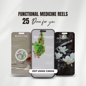 Pu&ograve; includere: Tre mockup di schermate di telefono con testo e immagini sulla medicina funzionale. Il primo mockup dice "Riduzione delle tossine ambientali" e contiene immagini di prodotti biologici, purificatori d'aria e filtri per l'acqua. Il secondo mockup dice "Medicina funzionale" e contiene immagini di una pianta e testo sul focus sulla causa principale, la visione olistica e il focus preventivo. Il terzo mockup dice "Benefici dell'assistenza incentrata sul paziente" e contiene immagini di fiori bianchi e testo sull'aumento della soddisfazione del paziente, i migliori risultati di salute e l'empowerment dei pazienti per assumere il controllo della propria salute. Il testo in alto dice "Functional Medicine Reels 25 Done for you".