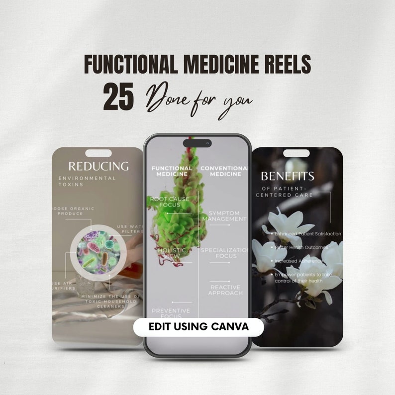 Pu&ograve; includere: Tre mockup di schermate di telefono con testo e immagini sulla medicina funzionale. Il primo mockup dice "Riduzione delle tossine ambientali" e contiene immagini di prodotti biologici, purificatori d'aria e filtri per l'acqua. Il secondo mockup dice "Medicina funzionale" e contiene immagini di una pianta e testo sul focus sulla causa principale, la visione olistica e il focus preventivo. Il terzo mockup dice "Benefici dell'assistenza incentrata sul paziente" e contiene immagini di fiori bianchi e testo sull'aumento della soddisfazione del paziente, i migliori risultati di salute e l'empowerment dei pazienti per assumere il controllo della propria salute. Il testo in alto dice "Functional Medicine Reels 25 Done for you".