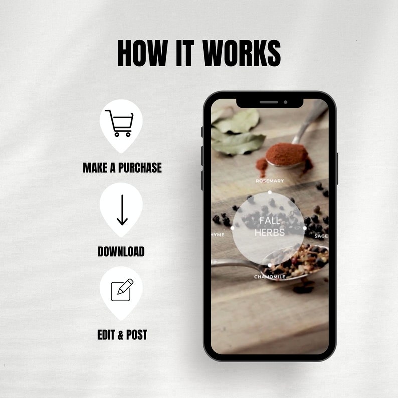 May include: A smartphone screen displaying a graphic of a circle containing the words "Fall Herbs". The circle is surrounded by various herbs and spices, including rosemary, thyme, sage, and chamomile. The graphic is accompanied by a set of instructions on how to make a purchase, download, and edit a post.