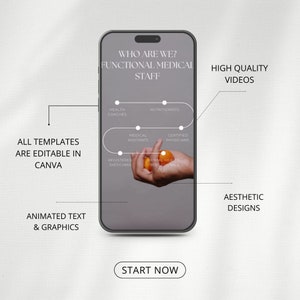 Pu&ograve; includere: Un mockup di smartphone con sfondo grigio e il testo "WHO ARE WE? FUNCTIONAL MEDICAL STAFF" in alto. Lo schermo mostra un diagramma di diversi professionisti medici, tra cui coach di salute, nutrizionisti, assistenti medici, medici certificati, dietisti registrati e professionisti della salute mentale. Il testo "HIGH QUALITY VIDEOS", "AESTHETIC DESIGNS", "ALL TEMPLATES ARE EDITABLE IN CANVA", "ANIMATED TEXT & GRAPHICS" e "START NOW" &egrave; anche visibile sullo schermo.