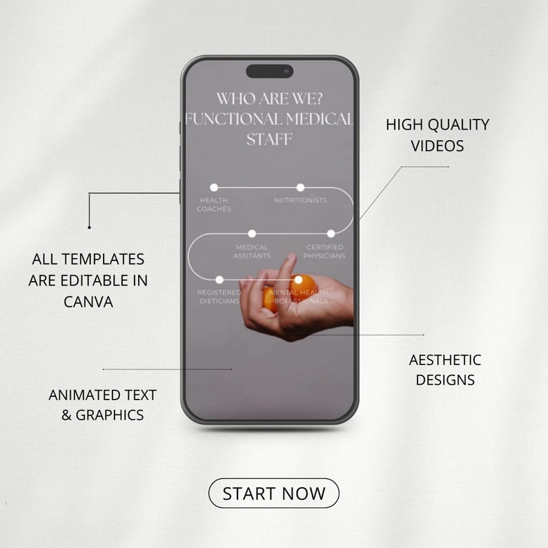 Pu&ograve; includere: Un mockup di smartphone con sfondo grigio e il testo "WHO ARE WE? FUNCTIONAL MEDICAL STAFF" in alto. Lo schermo mostra un diagramma di diversi professionisti medici, tra cui coach di salute, nutrizionisti, assistenti medici, medici certificati, dietisti registrati e professionisti della salute mentale. Il testo "HIGH QUALITY VIDEOS", "AESTHETIC DESIGNS", "ALL TEMPLATES ARE EDITABLE IN CANVA", "ANIMATED TEXT & GRAPHICS" e "START NOW" &egrave; anche visibile sullo schermo.