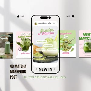 May include: A digital display of 40 matcha marketing posts featuring various green tea beverages, bamboo whisks, and matcha powder. The central smartphone frame highlights text reading Grades of Matcha, Ceremonial Grade, Premium Grade, Industrial Grade, and Culinary Grade.