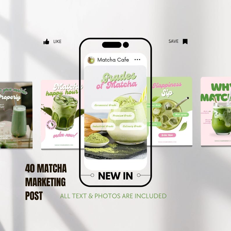 May include: A digital display of 40 matcha marketing posts featuring various green tea beverages, bamboo whisks, and matcha powder. The central smartphone frame highlights text reading Grades of Matcha, Ceremonial Grade, Premium Grade, Industrial Grade, and Culinary Grade.