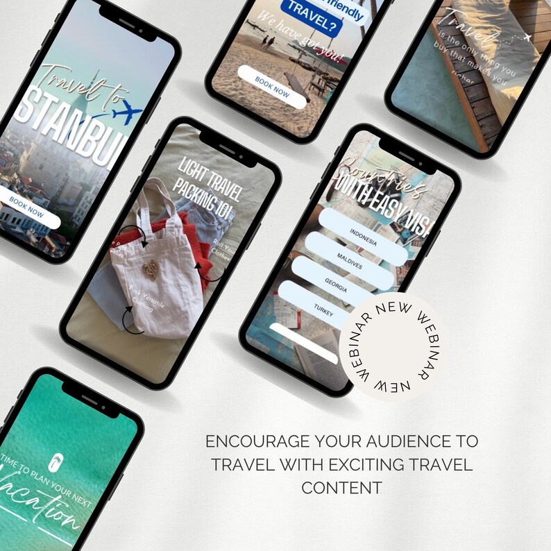 May include: A collage of images promoting travel with the text "Travel" and "Travel to Istanbul". The images include a beach scene, a travel packing list, and a map of the world with destinations highlighted.