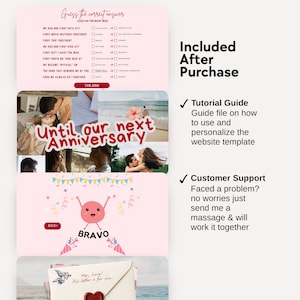 May include: A pink digital download template with text that says "Guess the correct answer" and "Until our next Anniversary". Includes a tutorial guide and customer support information. The template is designed for a website.