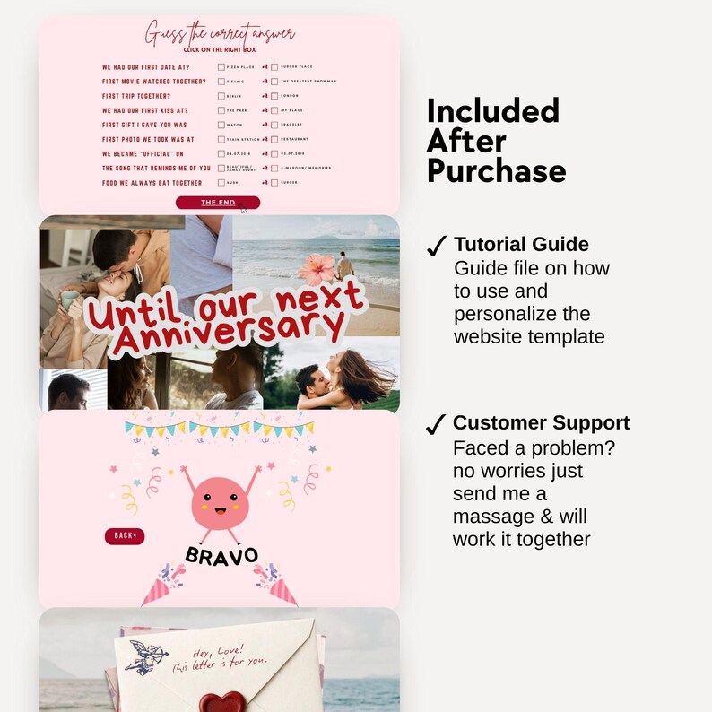 May include: A pink digital download template with text that says "Guess the correct answer" and "Until our next Anniversary". Includes a tutorial guide and customer support information. The template is designed for a website.