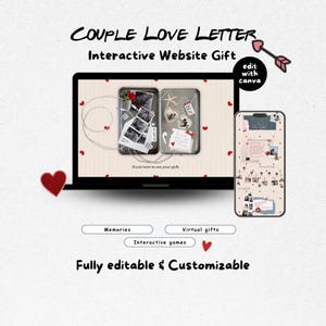 Può includere: Un modello di sito web interattivo per lettere d'amore di coppia con display per laptop e smartphone, grafiche a cuore, collage di foto ed etichette di testo tra cui Memories, Virtual gifts, Interactive games e Fully editable & Customizable.