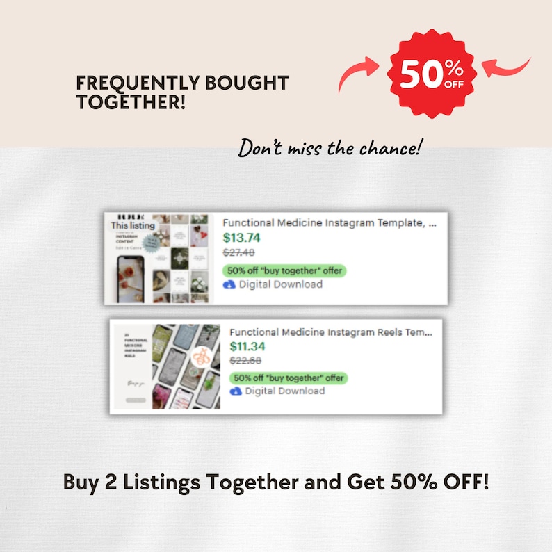 May include: An advertisement with the text "FREQUENTLY BOUGHT TOGETHER!" and "Buy 2 Listings Together and Get 50% OFF!". It features two product listings with prices and a red 50% off badge.