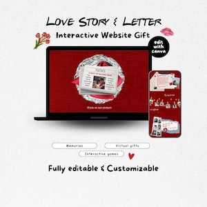 Op de afbeelding: Een interactieve website-cadeausjabloon getiteld Love Story & Letter, weergegeven op een laptop en smartphone. Het ontwerp bevat een krantafbeelding, fotocollages en knoppen met de tekst Memories, Virtual gifts en Interactive games.