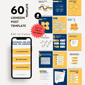 Op de afbeelding: Een digitale sjabloon voor LinkedIn-berichten, met 60 ontwerpen. De afbeelding bevat een smartphone met veelvoorkomende LinkedIn-fouten en verschillende infographics met tekst en foto's. Het kleurenschema is geel, blauw en wit.