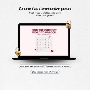 以下が含まれることがあります： 黒いノートパソコンの画面には、FIND THE CORRECT WORD TO UNLOCKというタイトルのゲーム、IT STARTS WITH Lというヒント、アルファベットのグリッドが表示されています。ハート型の金の南京錠と標準的な金の南京錠が見えます。下のボタンには、build your own password、change questions & answers、play escape room challengeと書かれています。