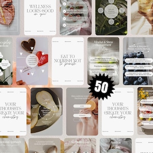 May include: A series of cards with text related to wellness, functional medicine, and nutrition. The cards display phrases such as "Wellness Looks Good on You!" and "Eat to Nourish Not to Punish." The number "50" is a central visual element.