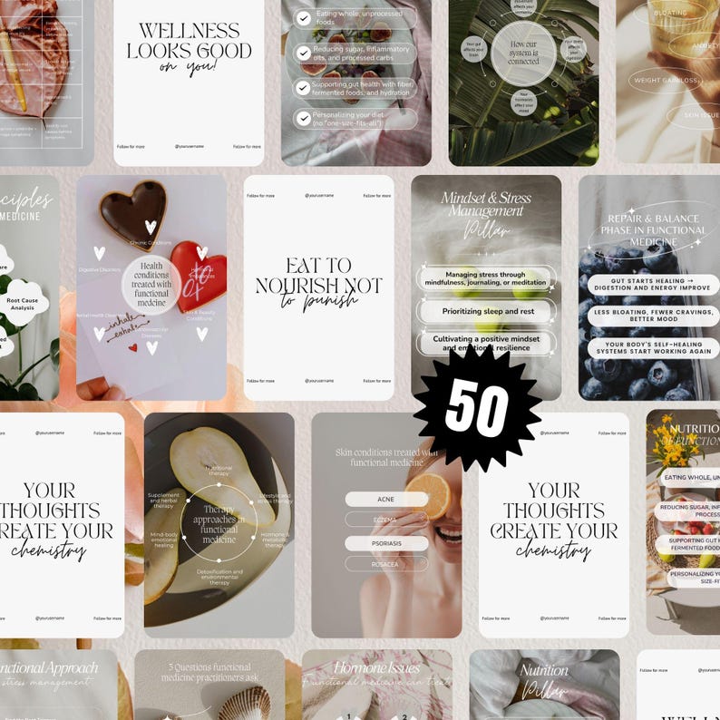 May include: A series of cards with text related to wellness, functional medicine, and nutrition. The cards display phrases such as "Wellness Looks Good on You!" and "Eat to Nourish Not to Punish." The number "50" is a central visual element.