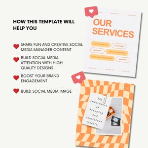 May include: A digital marketing template with the text "HOW THIS TEMPLATE WILL HELP YOU" and "OUR SERVICES". The image includes a checklist with benefits like "Share fun and creative social media manager content". A note says "The importance of branding and consistent visuals."