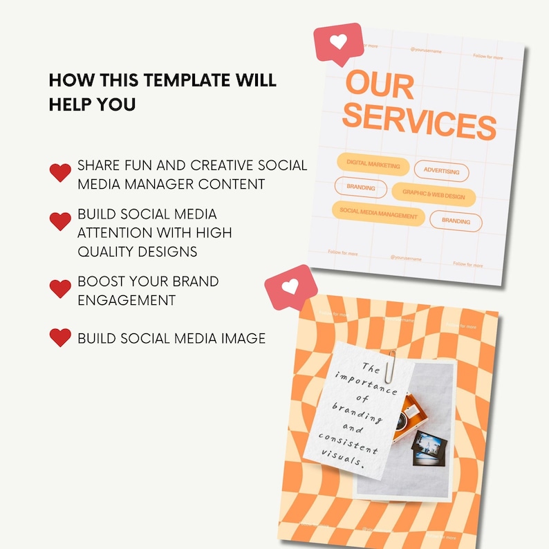 May include: A digital marketing template with the text "HOW THIS TEMPLATE WILL HELP YOU" and "OUR SERVICES". The image includes a checklist with benefits like "Share fun and creative social media manager content". A note says "The importance of branding and consistent visuals."