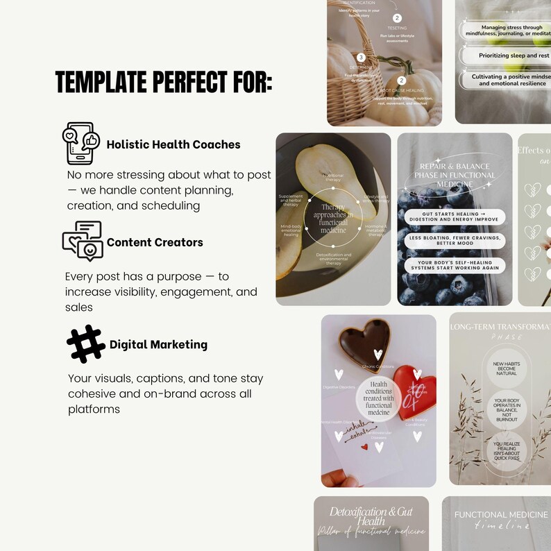 May include: A promotional graphic with text reading "TEMPLATE PERFECT FOR: Holistic Health Coaches, Content Creators, Digital Marketing." The image includes icons and text about content planning, engagement, and sales. Various health and wellness images are also present.