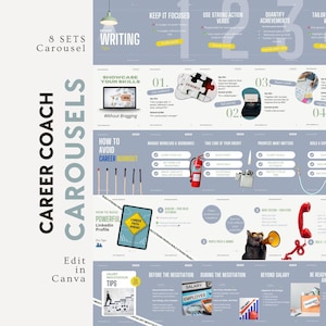 May include: A graphic with career advice, including tips on writing, showcasing skills, and avoiding burnout. The image features text, illustrations, and a color scheme of blue, yellow, and white. The words "Career Coach" and "Carousels" are prominently displayed.