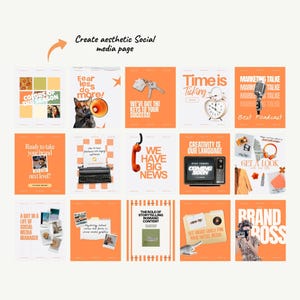 May include: A collection of orange social media templates with various designs and text. The text includes phrases like "Colors of the Season," "Fear less do more!," and "Brand Boss." The templates are for creating an aesthetic social media page.