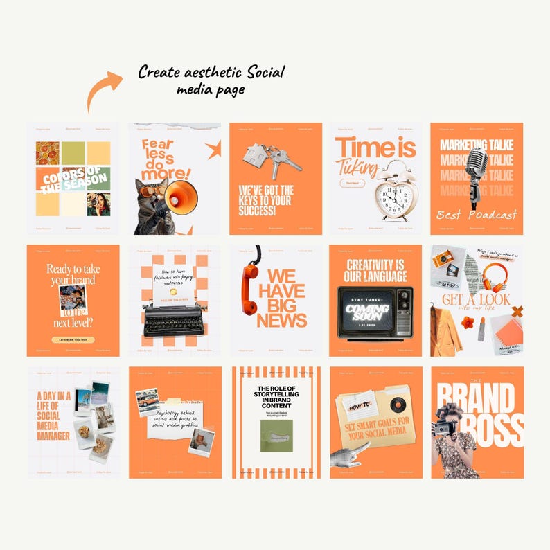 May include: A collection of orange social media templates with various designs and text. The text includes phrases like "Colors of the Season," "Fear less do more!," and "Brand Boss." The templates are for creating an aesthetic social media page.