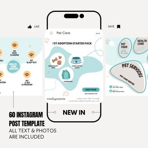 May include: A digital display of a smartphone showing a Pet Care social media post template. The screen features a Pet Adoption Starter Pack with icons for food, bowls, and a carrier bag, plus text including Shop Now and Pet Care.