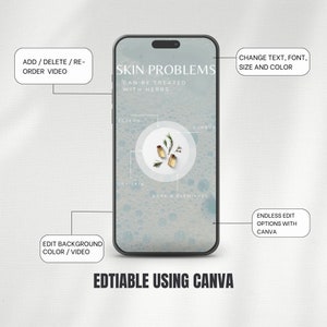 May include: A smartphone mockup with a blue background and white bubbles. The phone screen displays a graphic with the text "SKIN PROBLEMS CAN BE TREATED WITH HERBS." and a circle with the text "ECZEMA", "SUNBURN", "DRY SKIN", and "ACNE & BLEMISHES". The text "EDITABLE USING CANVA" is below the phone.