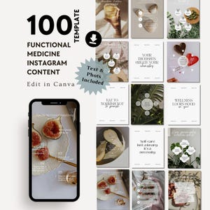Puede incluir: Una plantilla digital para contenido de Instagram, con 100 publicaciones de medicina funcional. El diseño incluye un teléfono inteligente que muestra un higo y una cuchara dorada, junto con varios diseños con texto y fotos. El texto incluye "Edit in Canva".