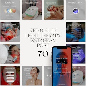 Modello Instagram per la terapia con luce rossa, post Instagram per la terapia con luce blu, contenuti per i social media di centri estetici e centri benessere, consiglio per il trattamento dermatologico a LED per il viso