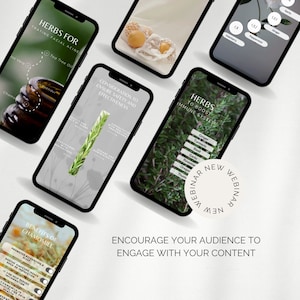 May include: Four phone screens displaying text and images about herbs and their benefits. The text on the screens includes "Herbs for Treating Facial Acne", "Benefits of Chamomile", "Herbs to Boost Immune System", and "Consideration to Ensure Safety and Effectiveness". The image also includes a white circle with the text "New Webinar" in black.