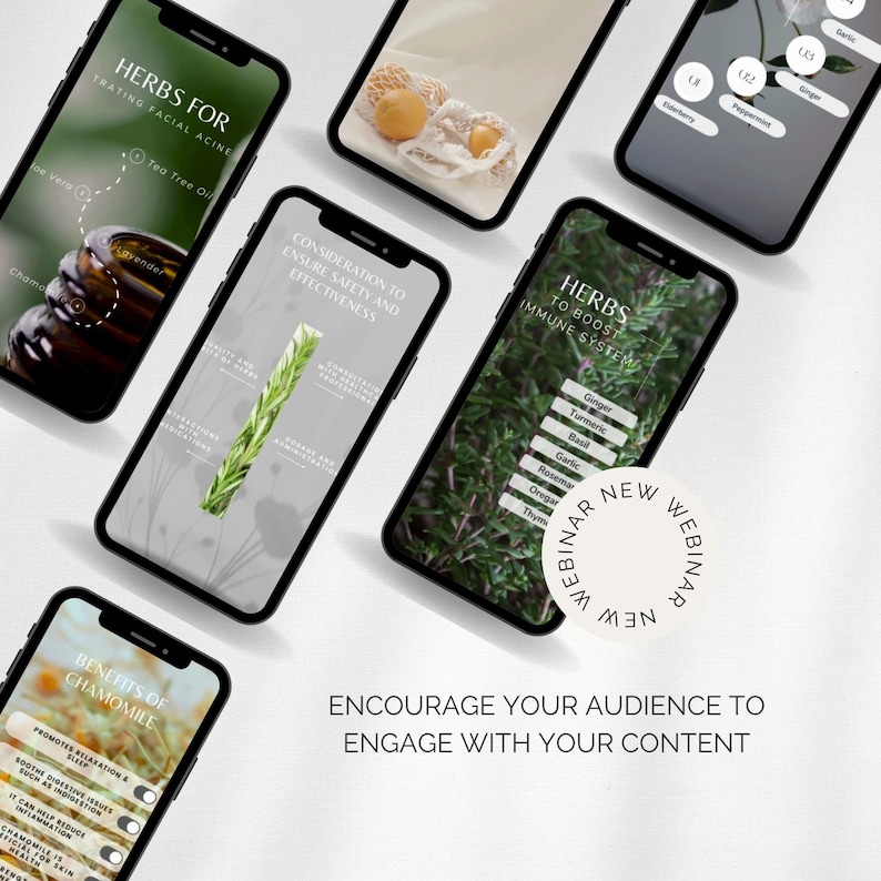 May include: Four phone screens displaying text and images about herbs and their benefits. The text on the screens includes "Herbs for Treating Facial Acne", "Benefits of Chamomile", "Herbs to Boost Immune System", and "Consideration to Ensure Safety and Effectiveness". The image also includes a white circle with the text "New Webinar" in black.