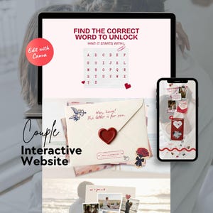 May include: A digital template for a couple's interactive website featuring a Valentine's theme. The screen displays a word puzzle, a cream-coloured envelope sealed with a red heart, and a mobile phone showing photo collages and romantic graphics.